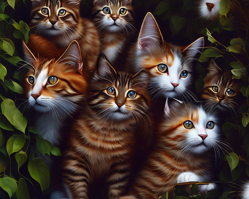 Realistic illustrated cats with bright eyes in green foliage with butterflies