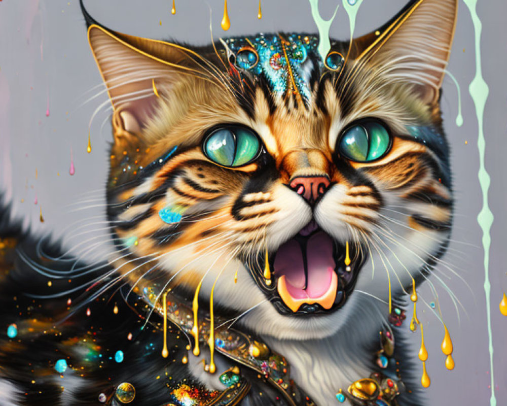 Colorful surreal cat digital artwork with green eyes & jewel-like details