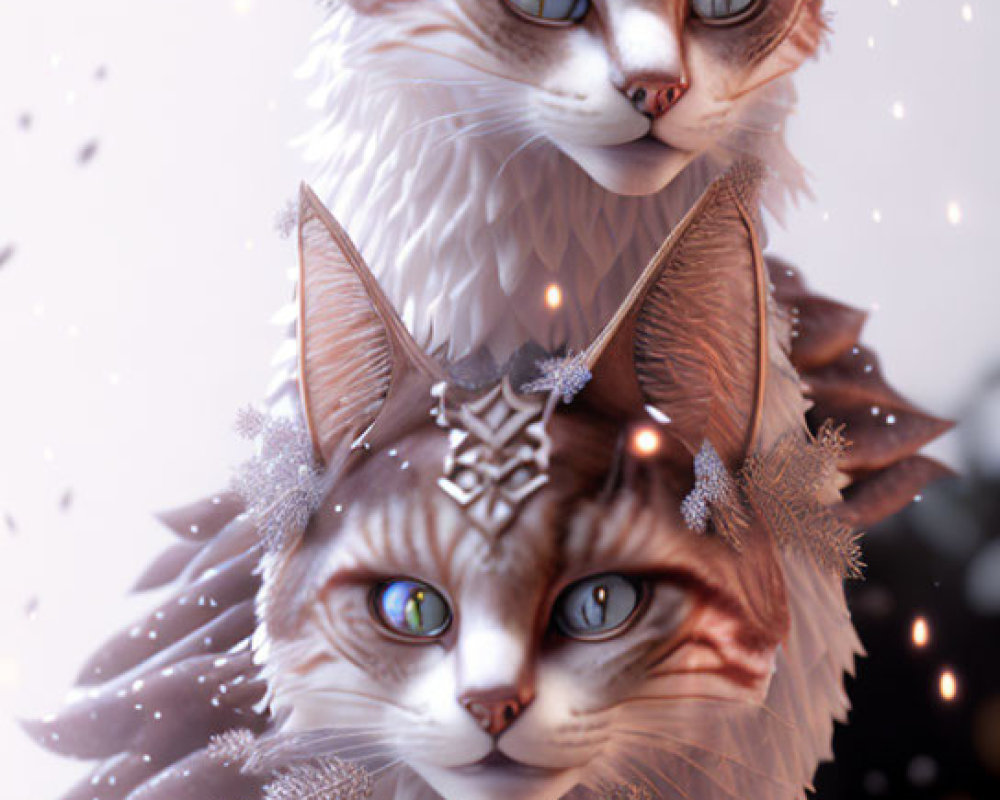 Fantasy cats with silver headpieces in snowy setting