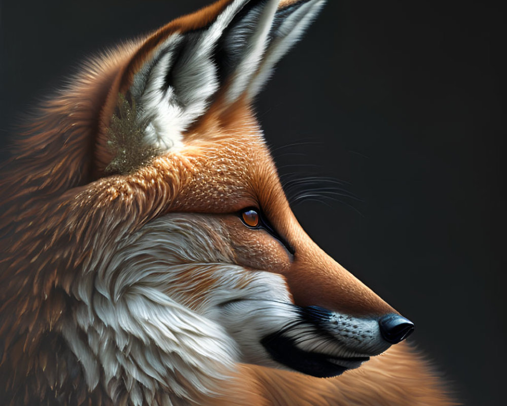 Detailed realistic fox face illustration with intense eyes and vibrant fur on dark backdrop.