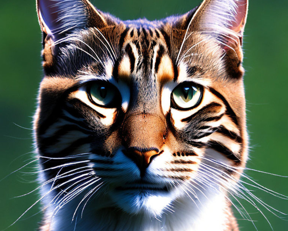 Detailed digital artwork featuring cat with intricate fur patterns and intense yellow-green eyes on green backdrop