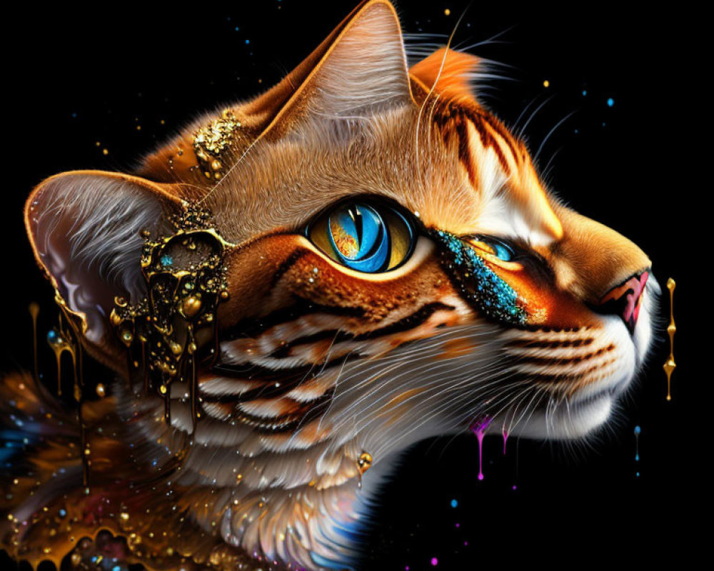 Fantastical Cat Digital Artwork with Golden Melting Texture and Vibrant Blue Eyes