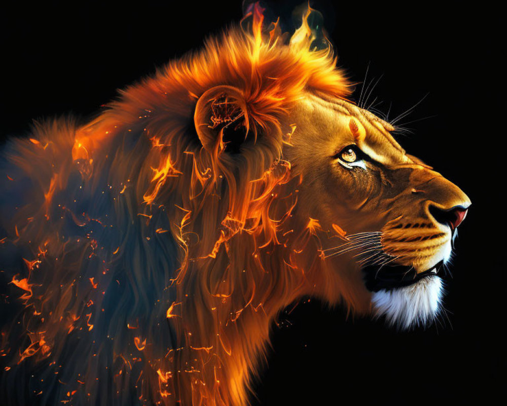 Vibrant flame mane lion digital artwork on dark background