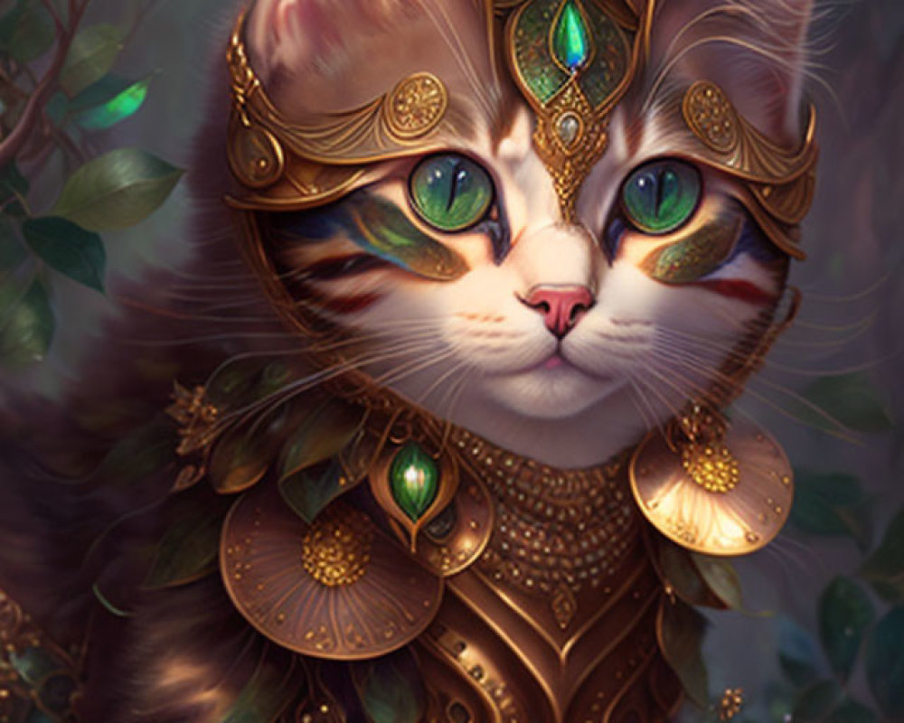 Golden-armored cat surrounded by foliage and jewels.