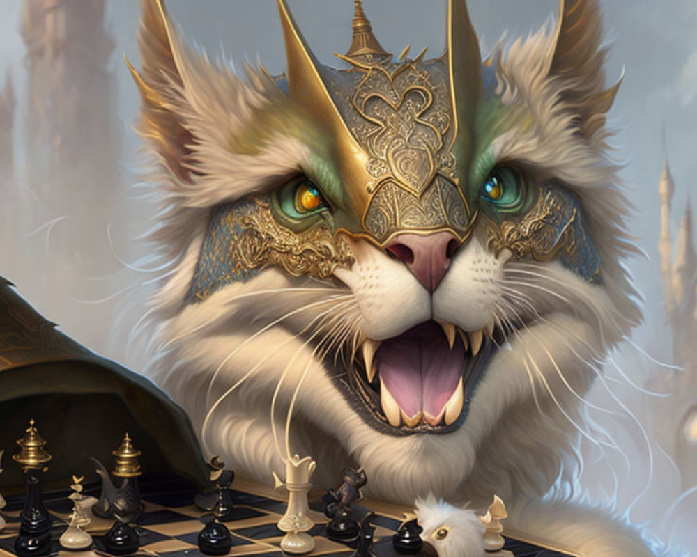 Regal fantasy cat in golden armor mask at chessboard with castle background