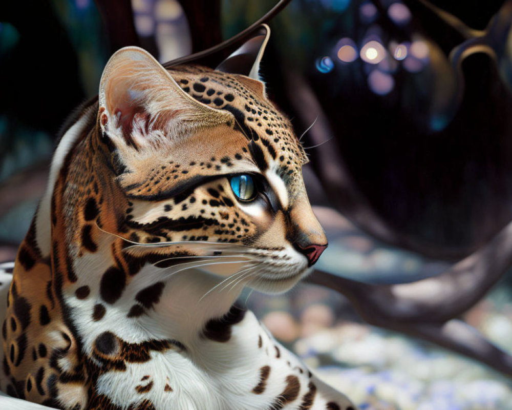 Close-Up of Ocelot with Spotted Fur and Blue Eyes