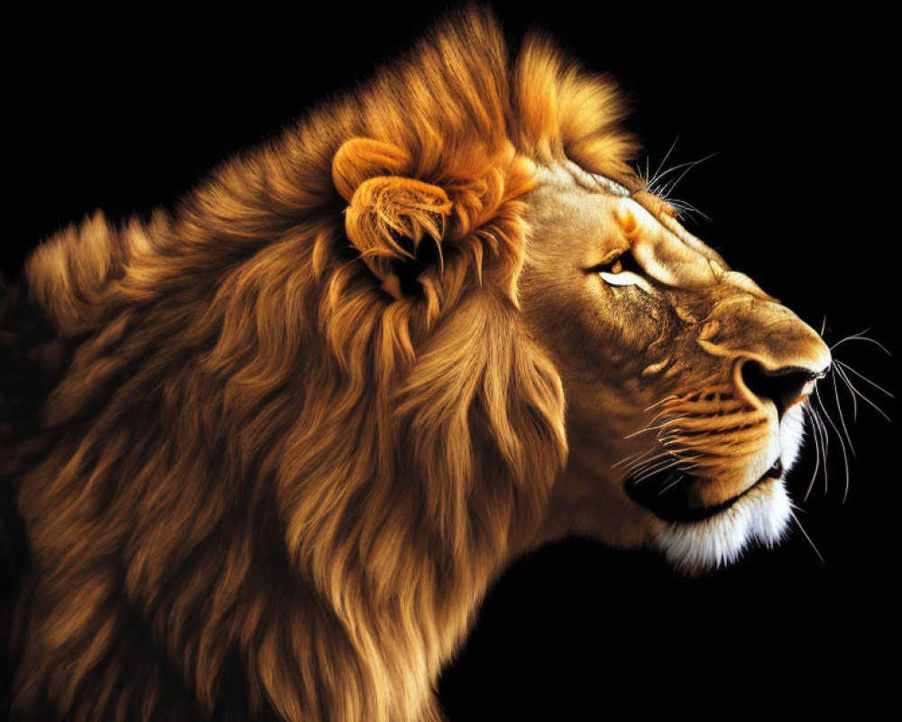 Detailed side-profile portrait of majestic lion with rich mane on black background