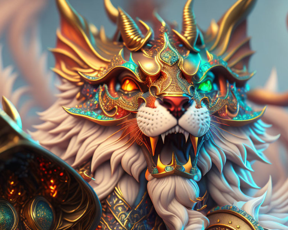 Colorful Digital Artwork: Ornate Mythical Lion with Golden Mane & Armor