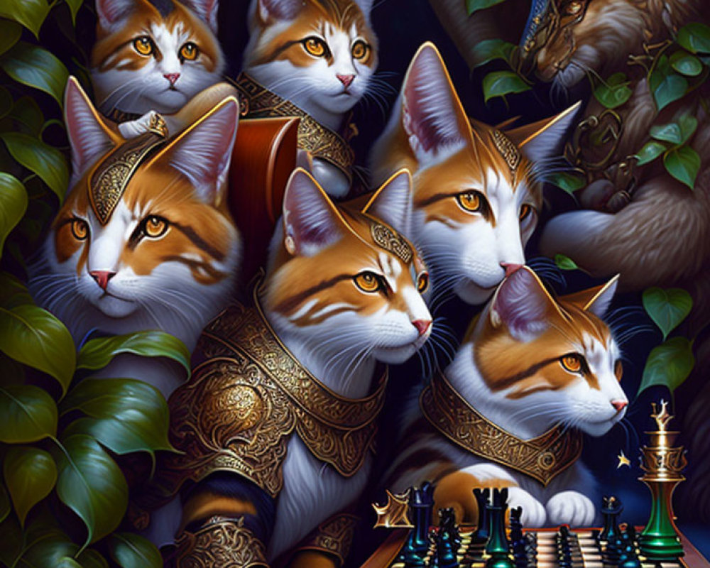 Regal Cats Observing Chessboard in Lush Greenery