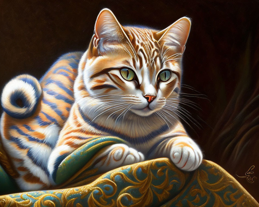 Realistic painting of an orange tabby cat with blue eyes on ornate surface