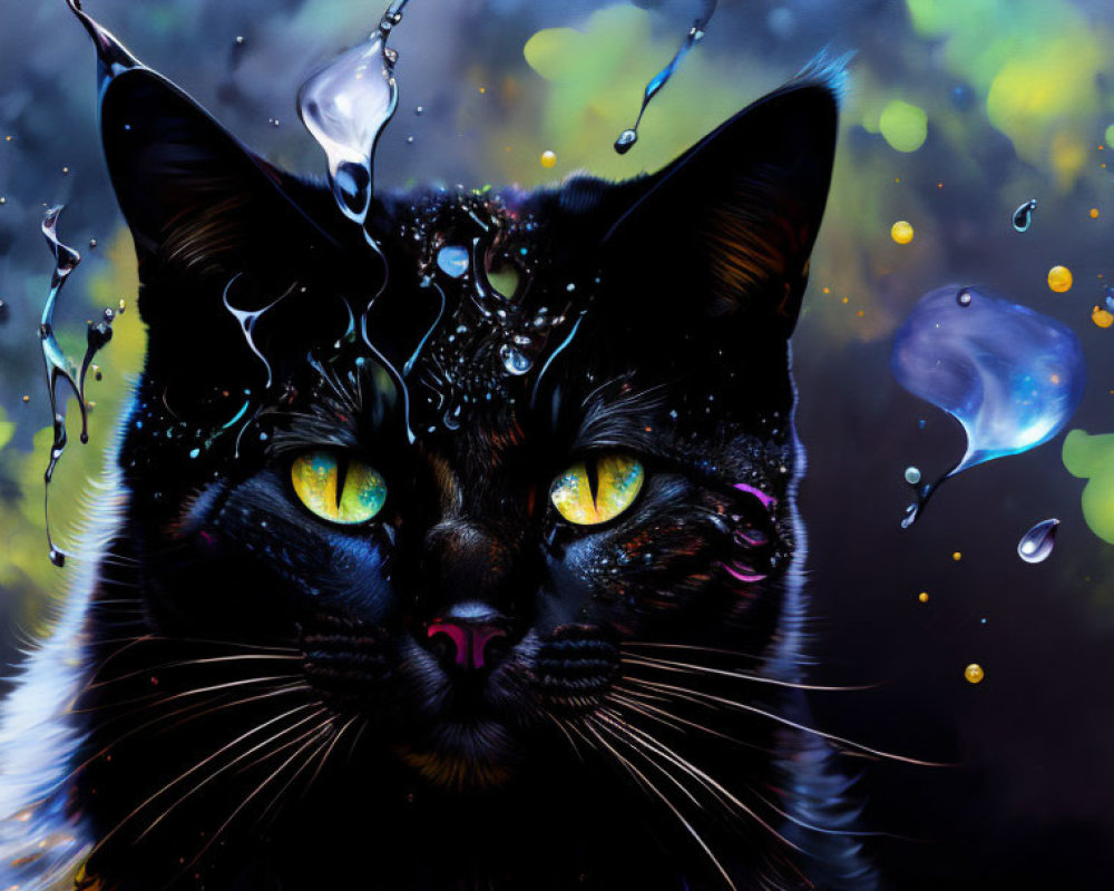 Black Cat with Yellow Eyes Surrounded by Water Splashes and Bokeh Lights