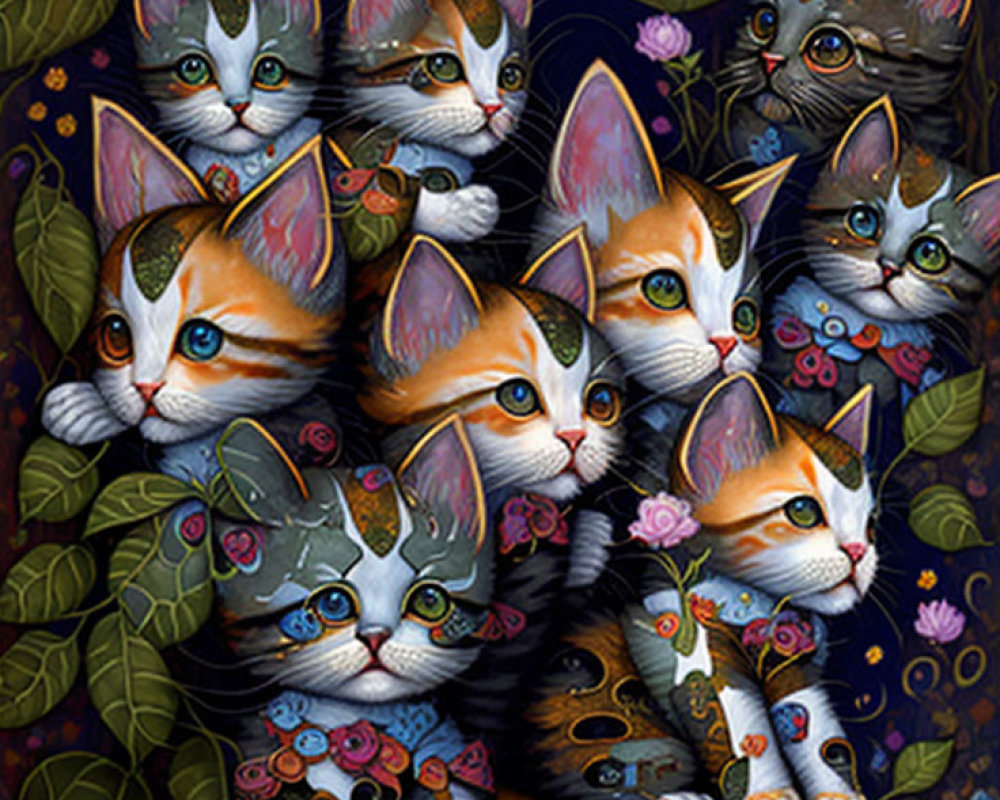 Vibrant whimsical cats in foliage and flowers on dark background