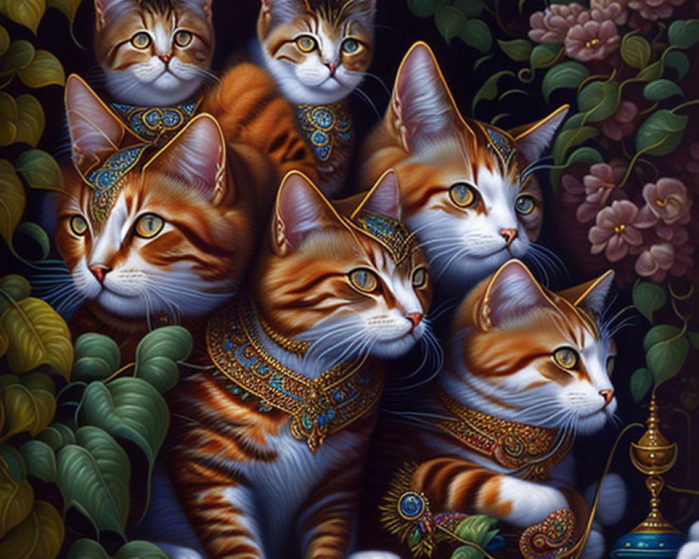 Five Cats with Ornate Collars Among Lush Foliage and Flowers