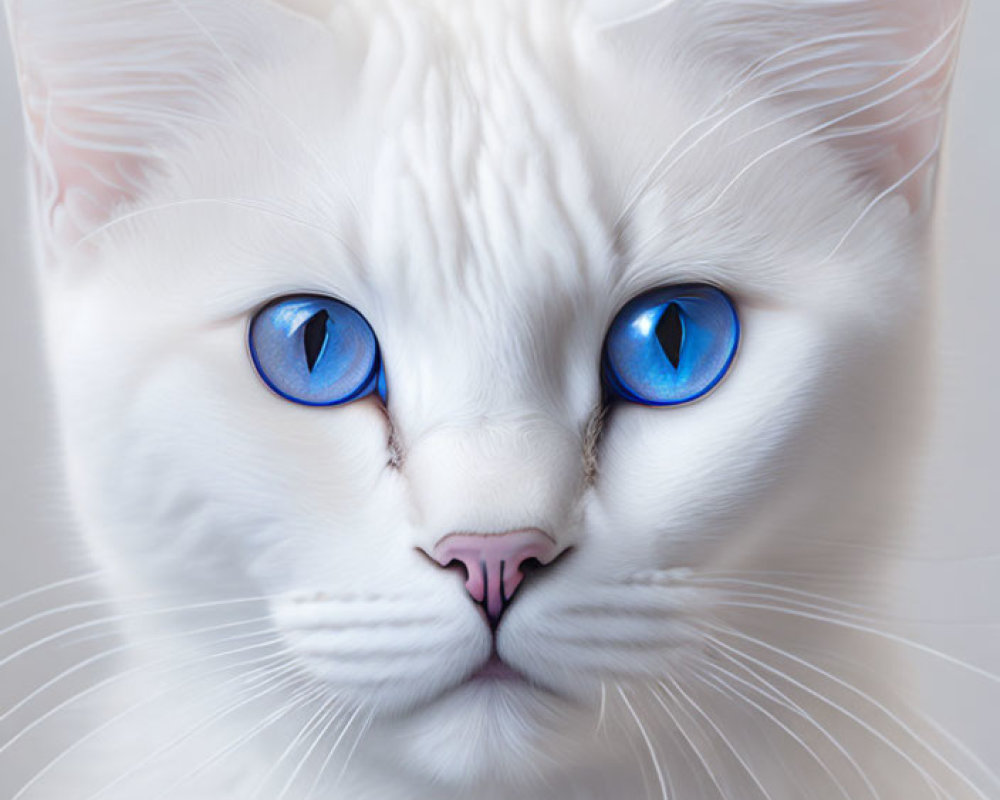 White Cat with Blue Eyes and Pink Nose in Close-Up Shot