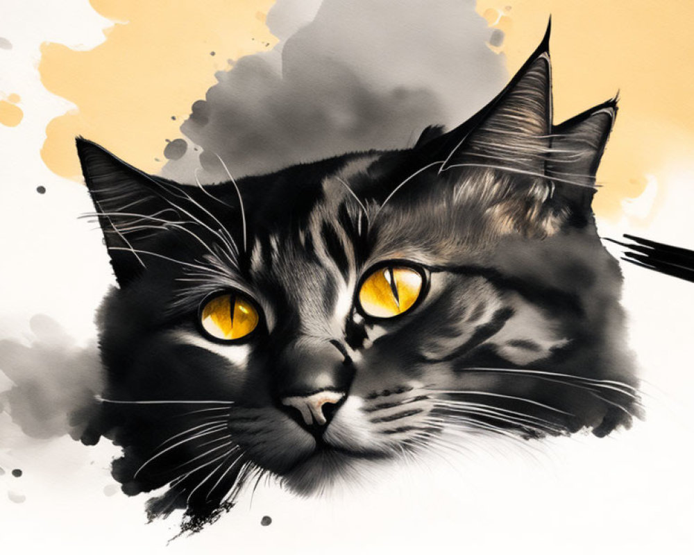 Realistic cat portrait with yellow eyes on abstract backdrop