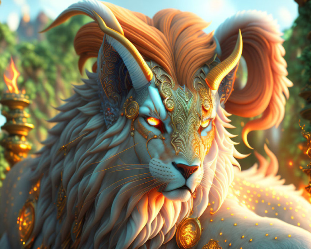 Majestic fantasy lion with golden horns and blue facial markings in enchanted forest