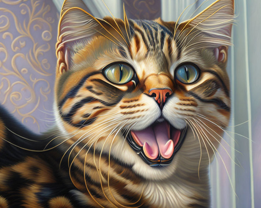 Vibrant close-up illustration of a smiling tabby cat