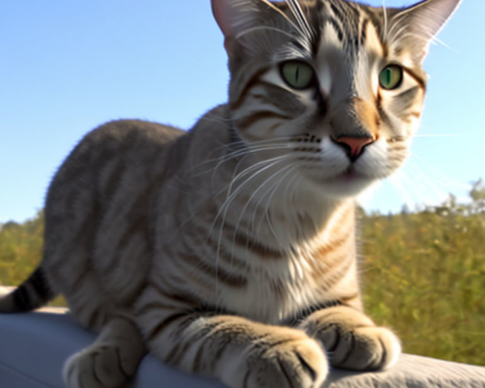 Domestic cat with striped fur in outdoor setting on sunny day