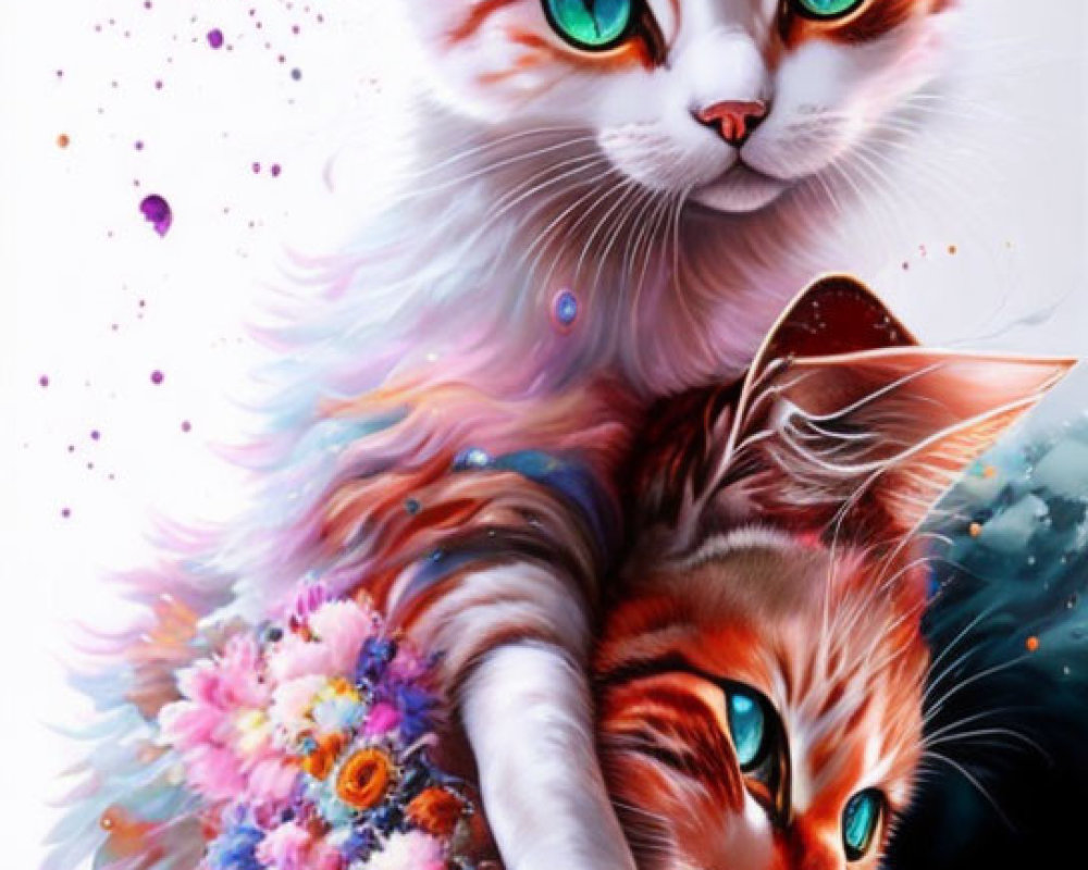 Colorful Artwork: Whimsical Cats with Blue Eyes and Floral Accents