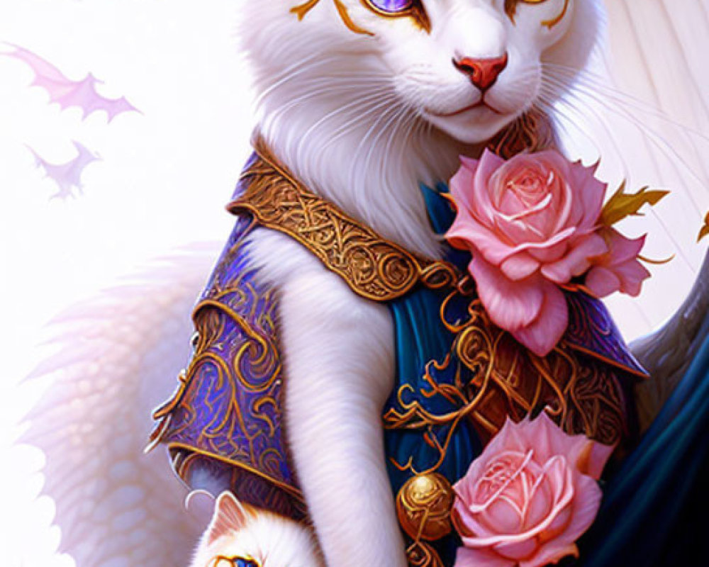 Regal cats with gold jewelry and fantasy dragon wings in a rose-filled scene