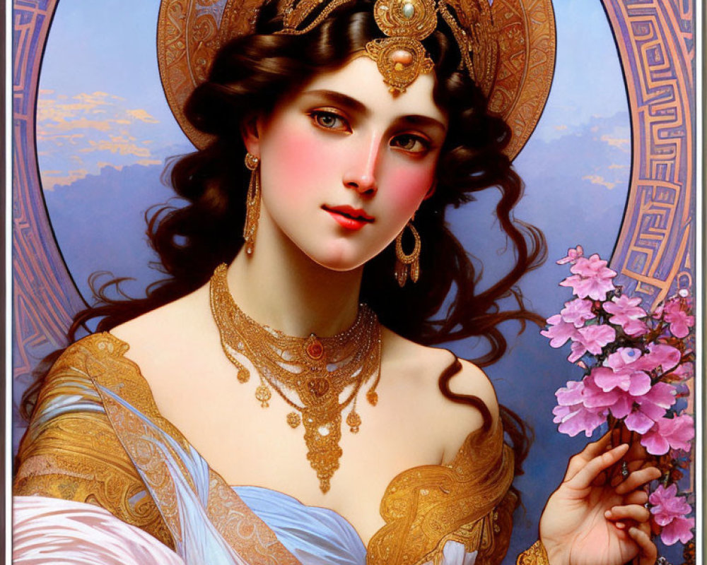 Woman with ornate jewelry and flowers against blue sky in circular frame