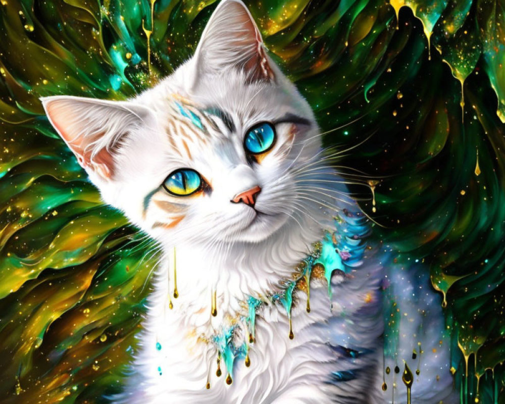 Colorful Digital Artwork: White Cat with Blue Eyes on Cosmic Background