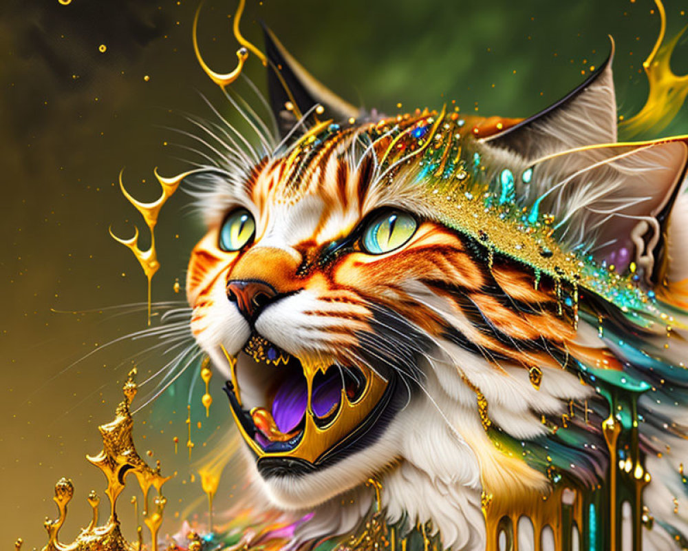 Colorful Majestic Cat with Intricate Jewelry in Whimsical Digital Art