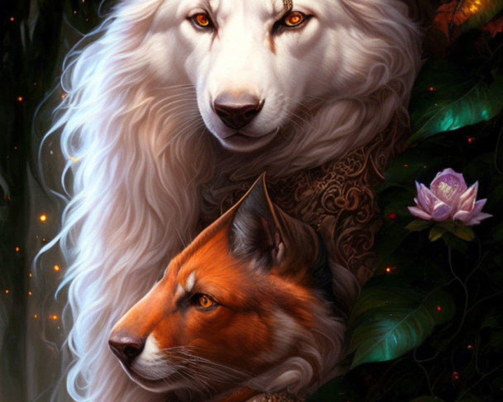 Majestic white unicorn and golden-horned fox in forest scene