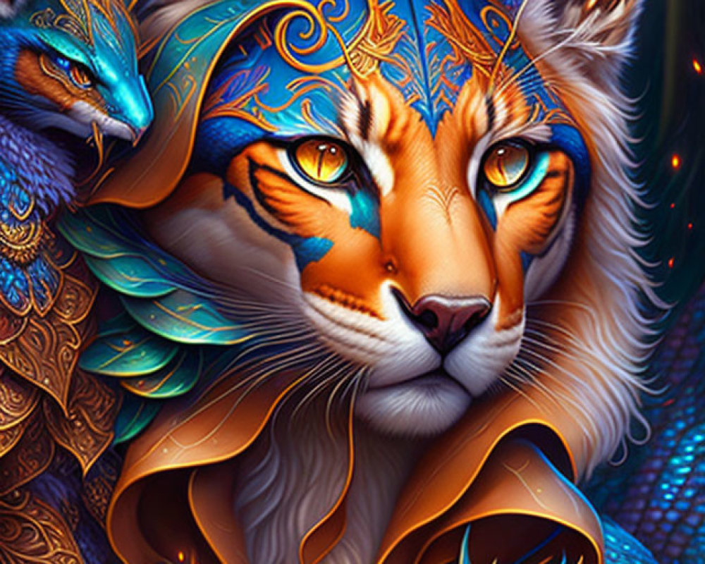 Colorful Illustration of Orange Mystical Cat with Yellow Eyes and Blue Dragon-like Creatures