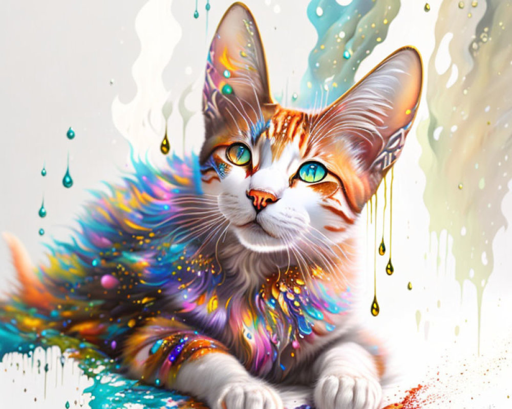 Colorful Digital Artwork: Cat with Rainbow Fur and Yellow-Green Eyes