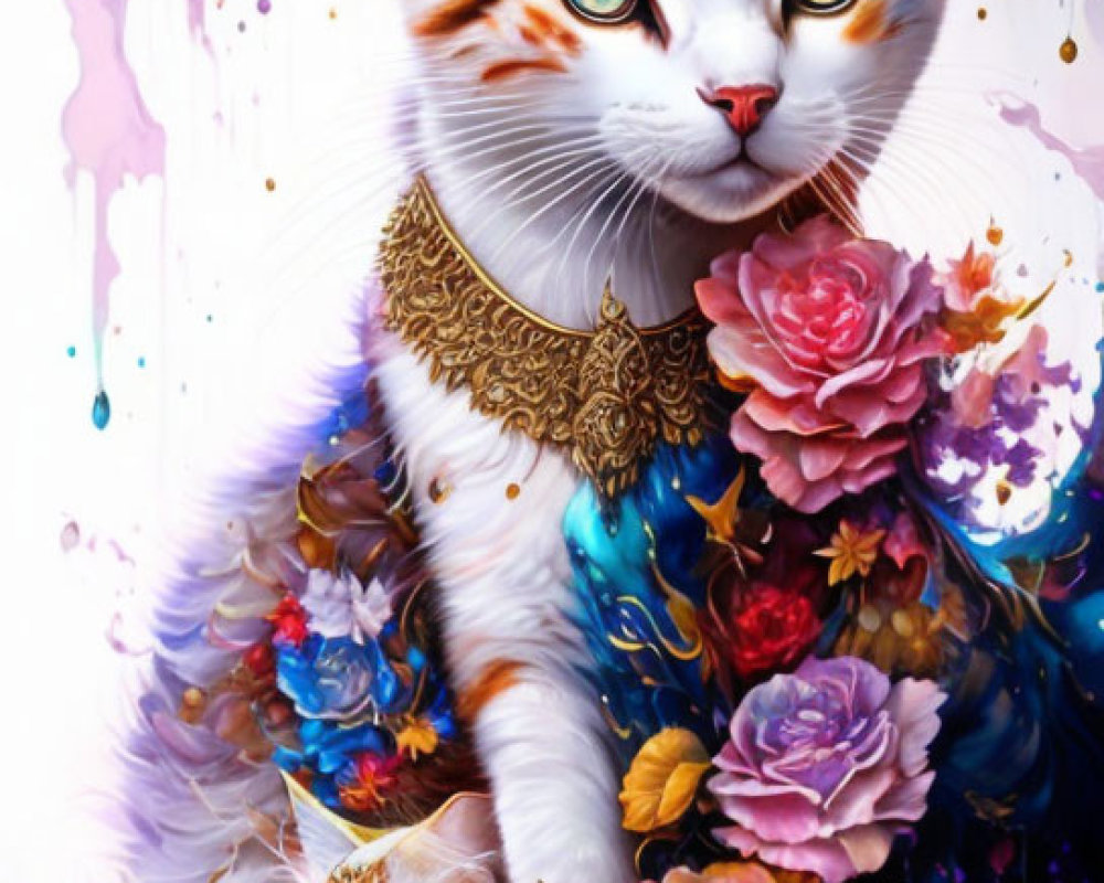 Colorful Artwork: Regal Cats with Golden Jewelry in Vibrant Setting