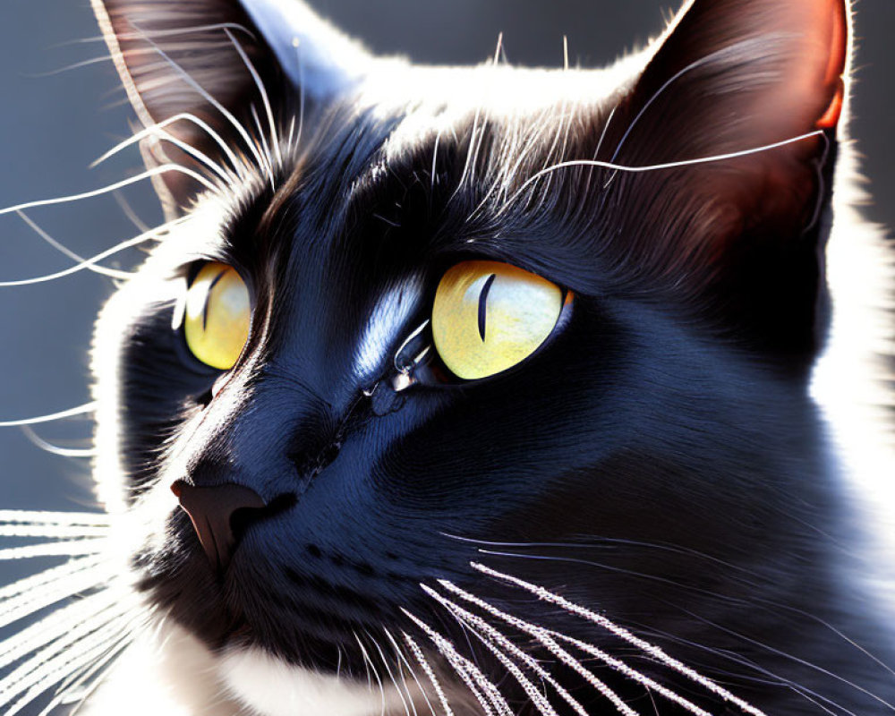 Black and White Cat with Yellow Eyes and Whiskers in Sunlight