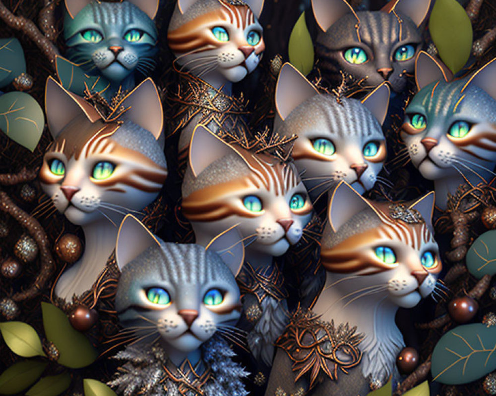 Whimsical cat faces with human-like eyes among branches and leaves