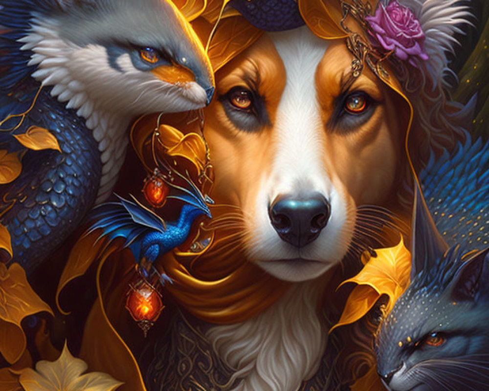 Regal dog illustration with fantastical creatures in autumnal theme