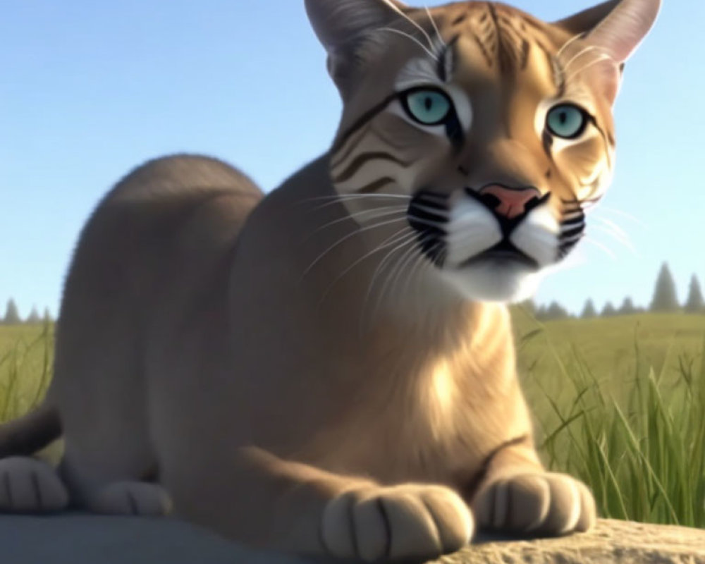 3D animated puma with piercing blue eyes in sunlit field