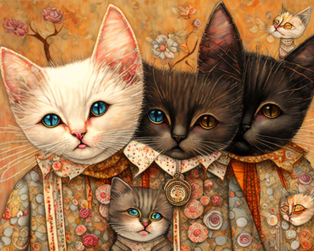 Five stylized cats in ornate period clothing amid flowering plants.