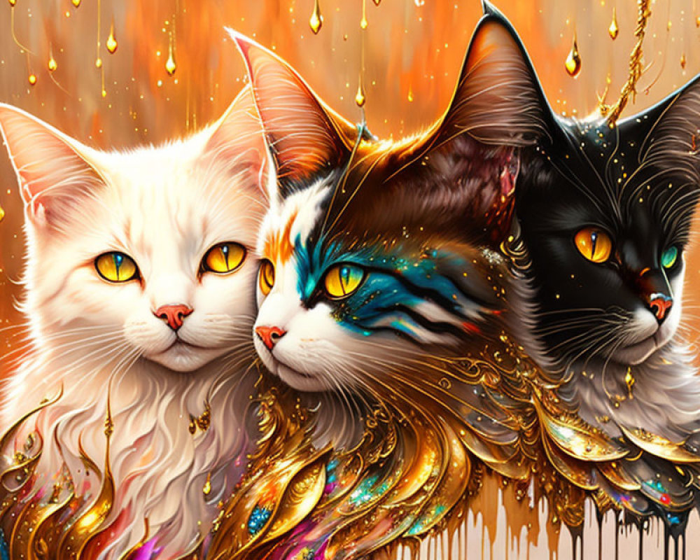 Three stylized fantastical cats with vibrant eyes and ornate golden detailing on amber backdrop.