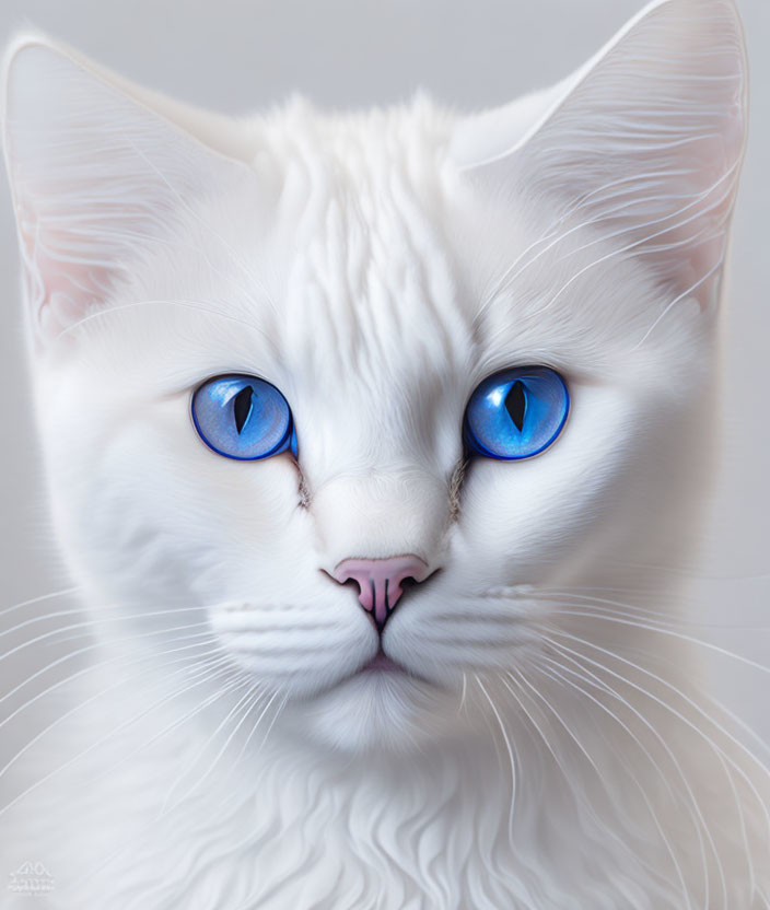 White Cat with Blue Eyes and Pink Nose in Close-Up Shot