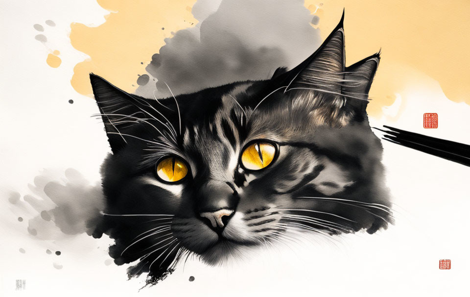 Realistic cat portrait with yellow eyes on abstract backdrop