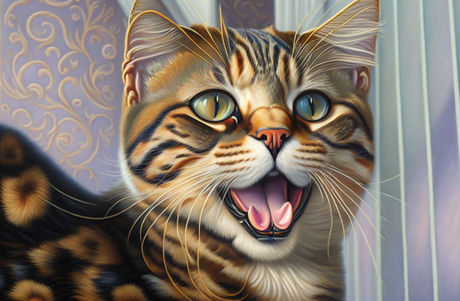 Vibrant close-up illustration of a smiling tabby cat