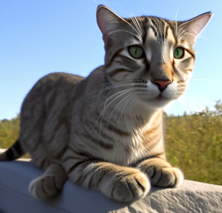 Domestic cat with striped fur in outdoor setting on sunny day