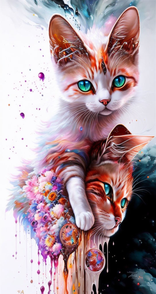 Colorful Artwork: Whimsical Cats with Blue Eyes and Floral Accents