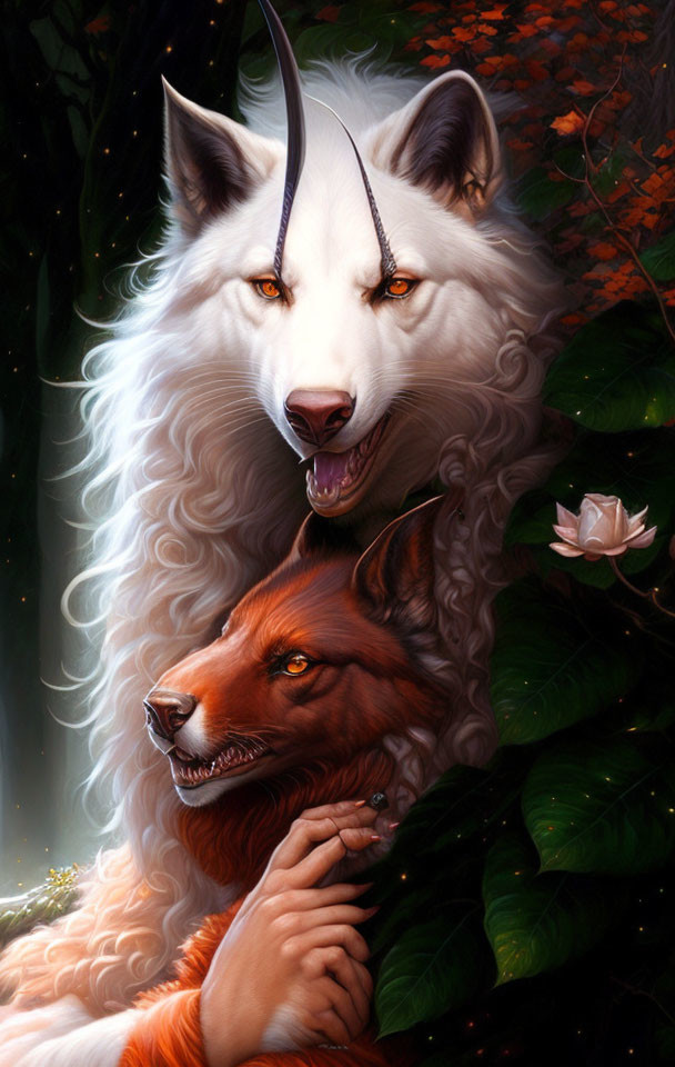 White and red wolves with human-like hands in forest setting with white rose.