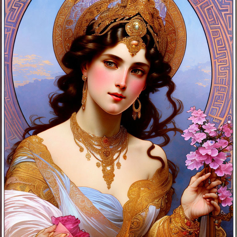 Woman with ornate jewelry and flowers against blue sky in circular frame