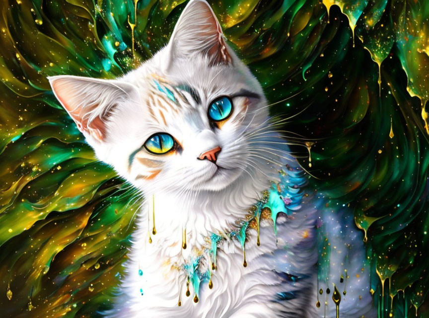 Colorful Digital Artwork: White Cat with Blue Eyes on Cosmic Background