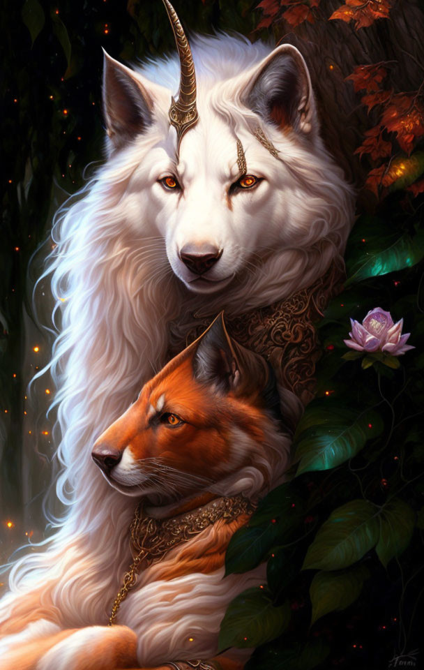 Majestic white unicorn and golden-horned fox in forest scene