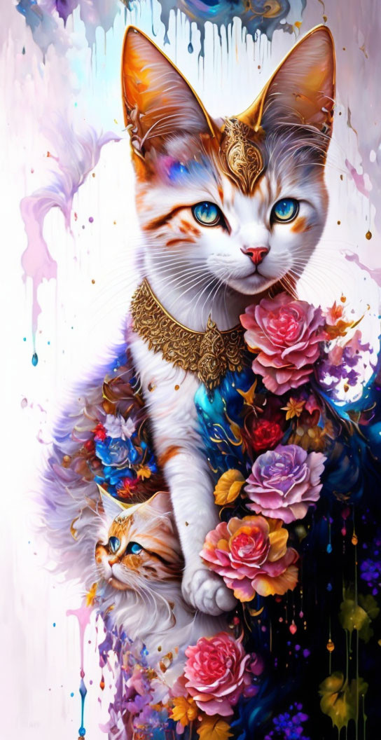 Colorful Artwork: Regal Cats with Golden Jewelry in Vibrant Setting