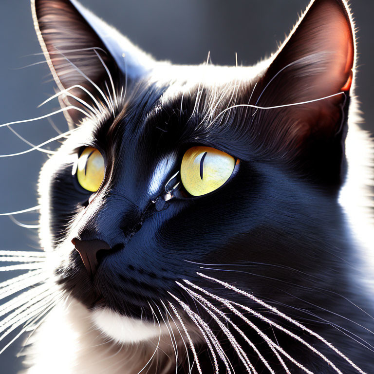 Black and White Cat with Yellow Eyes and Whiskers in Sunlight