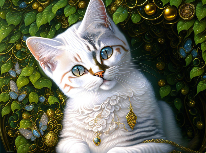 Detailed painting of white cat with ornate jewelry and ruff on green background