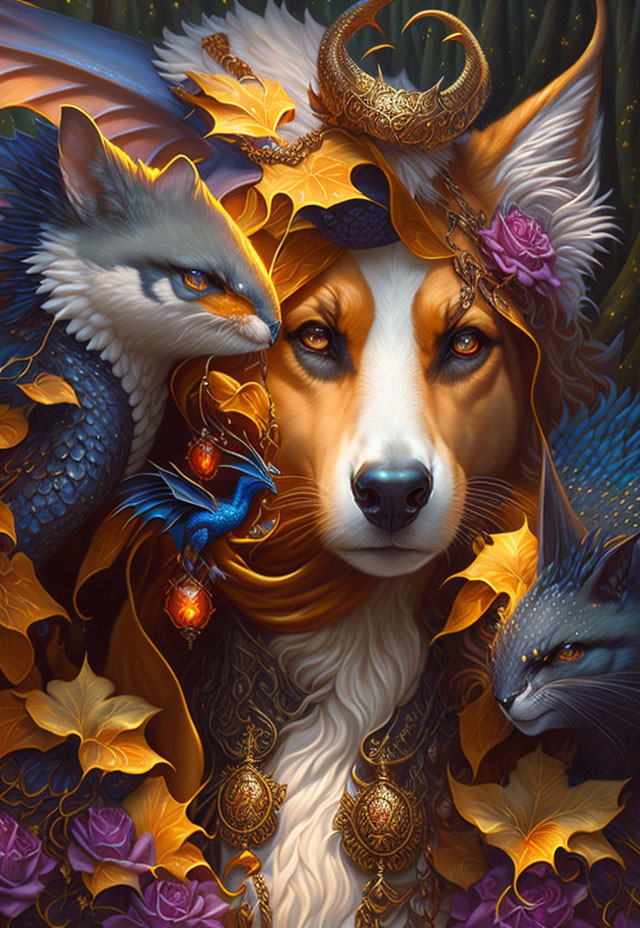 Regal dog illustration with fantastical creatures in autumnal theme